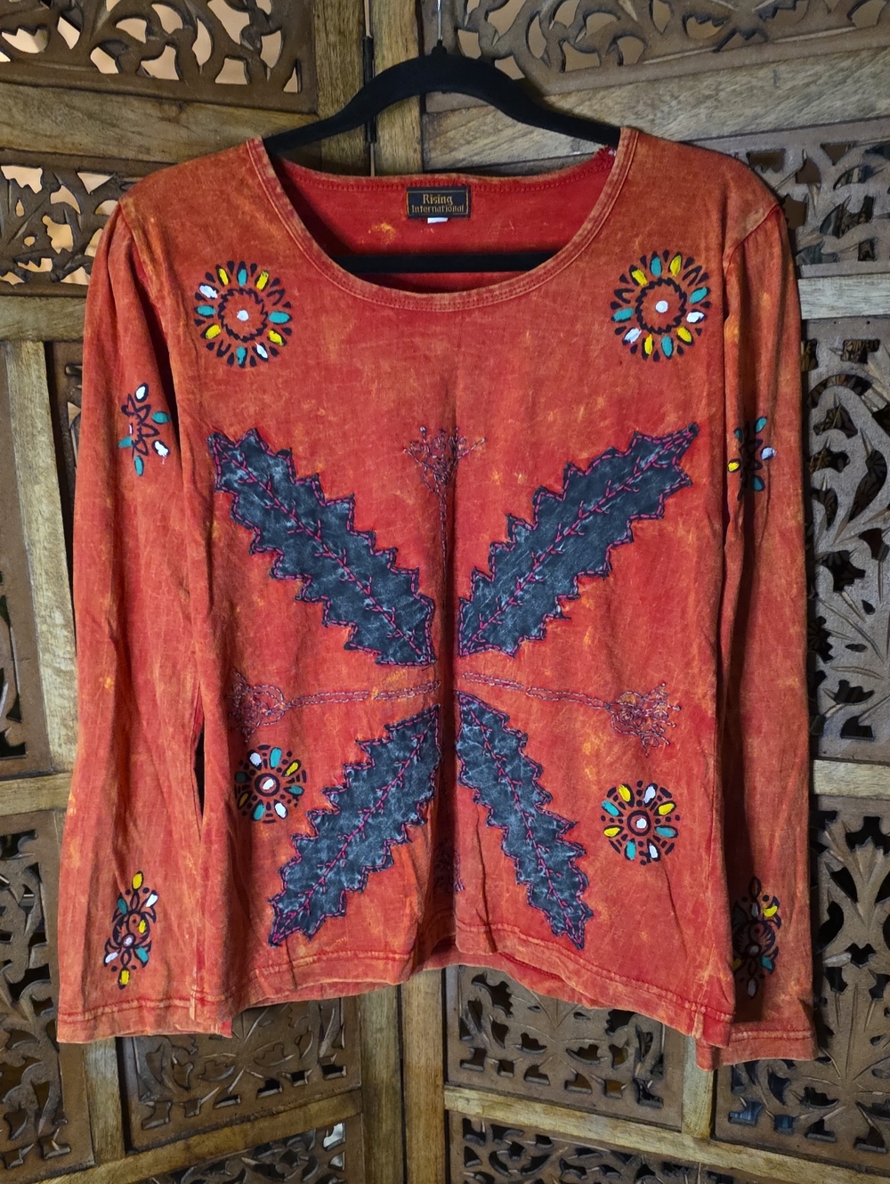 Rising International Womens Orange Embroidered Long-Sleeve Top